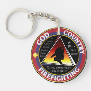 Red White Blue God Country Firefighting Round Logo Key Ring