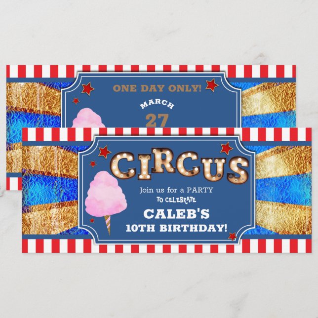 Red White Blue Gold Circus Party Ticket Invitation (Front/Back)