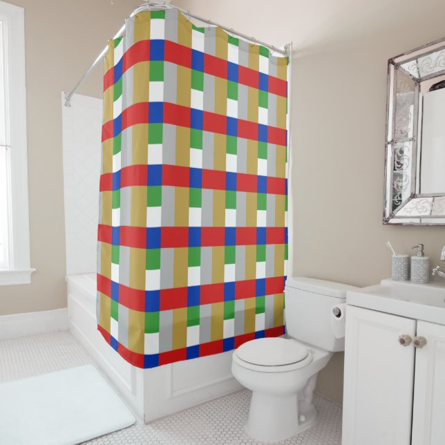 Red White Blue Gold Silver Green Colour Block Prin Shower Curtain (In Situ)