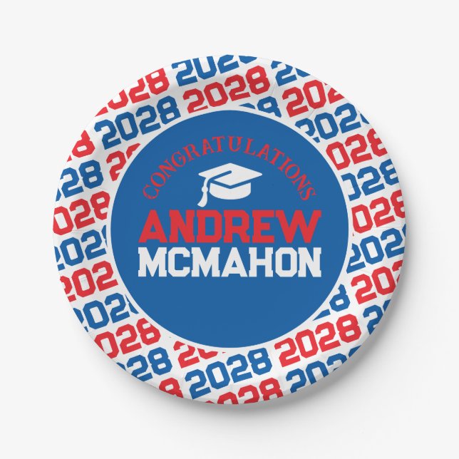 Red, White & Blue Graduation Personalised Paper Plate (Front)
