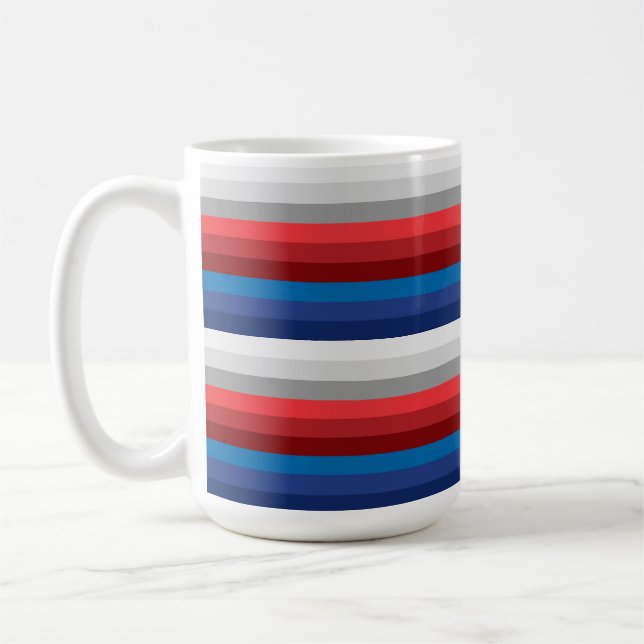 RED WHITE BLUE GRAY STRIPES COFFEE MUG (Left)