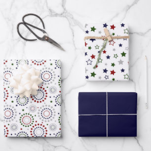 Red White Blue Green Grey Circles Stars Wrapping Paper Sheet