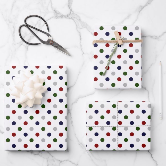 Red White Blue Green Grey Polka Dots Wrapping Paper Sheet (Front)