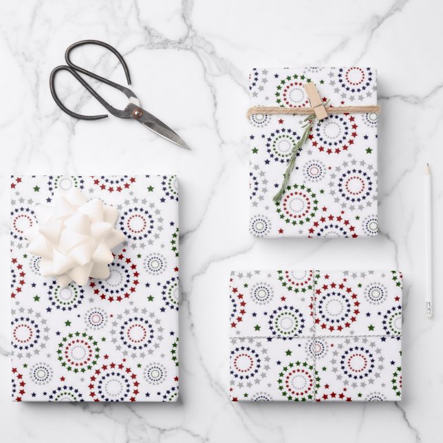Red White Blue Green Grey Star Circles Wrapping Paper Sheet (Front)