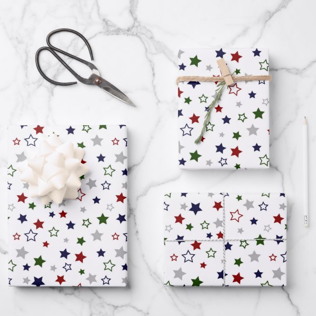 Red White Blue Green Grey Stars Wrapping Paper Sheet (Front)