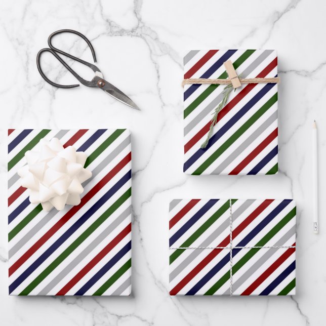 Red White Blue Green Grey Striped Wrapping Paper Sheet (Front)
