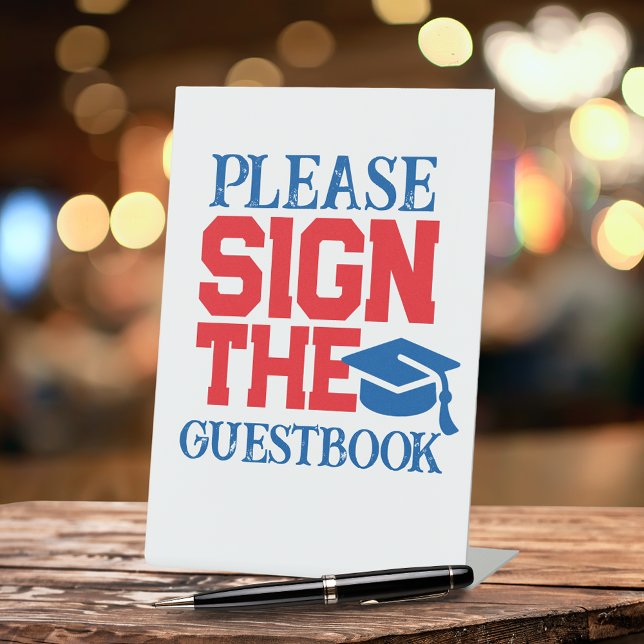Red, White & Blue Guestbook Graduation Table Pedestal Sign (Red, Blue and White Graduation Cap Class Year Sign the Guestbook Pedestal Table Sign)