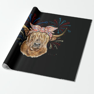 Red White Blue Highland Cow Patriot Bandanna USA Wrapping Paper