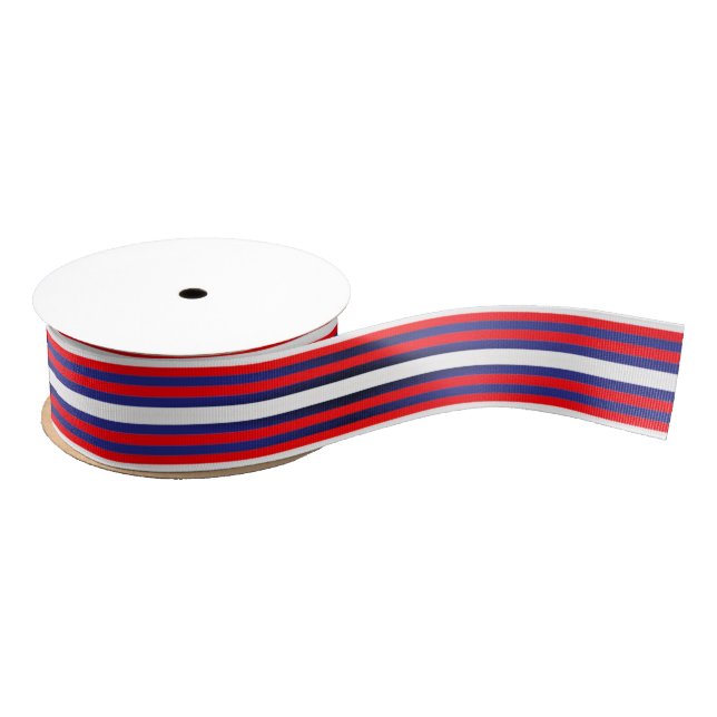 Red White Blue Horizontal Stripes Modern Pattern Grosgrain Ribbon (Spool)