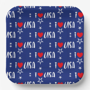 RED WHITE BLUE I LOVE USA PATTERN PAPER PLATE