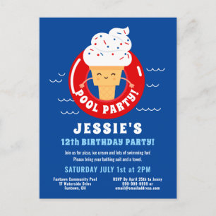 Red White Blue Ice Cream Pool Party Kids Summer Invitation Postcard