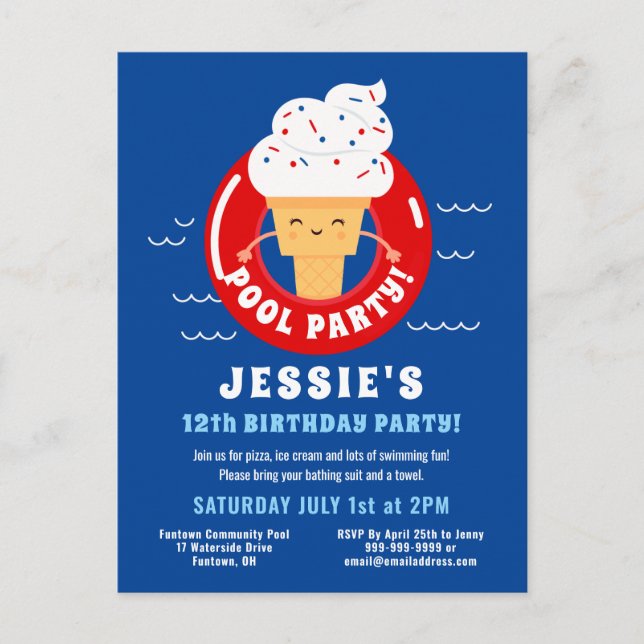 Red White Blue Ice Cream Pool Party Kids Summer Invitation Postcard (Front)
