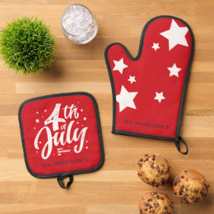 Red White Blue Independence Day 4th Of July Oven Mitt & Pot Holder Set