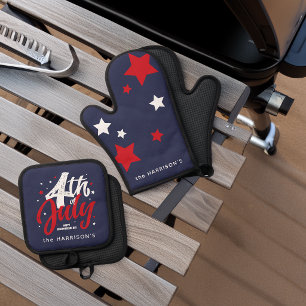 Red White Blue Independence Day 4th Of July Oven Mitt & Pot Holder Set