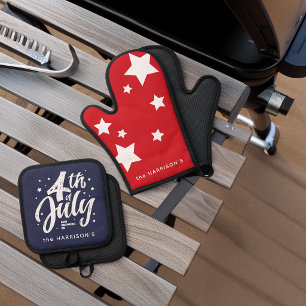 Red White Blue Independence Day 4th Of July Oven Mitt & Pot Holder Set