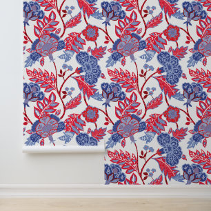 Red White & Blue Indian Floral Pattern Wallpaper
