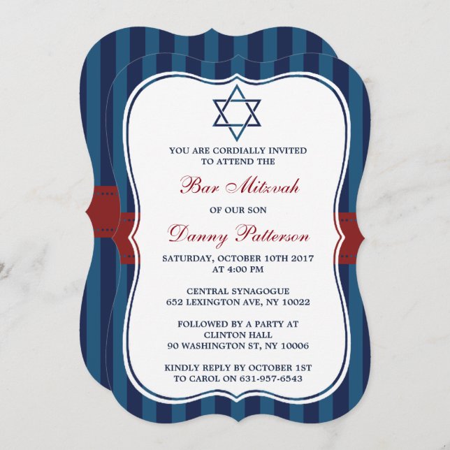 Red, White & Blue Jewish Star Of David Bar Mitzvah Invitation (Front/Back)