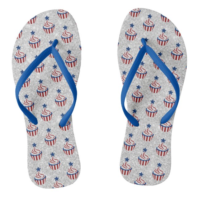 Red, White, Blue July 4 Cupcake Glitter Flip Flops (Footbed)