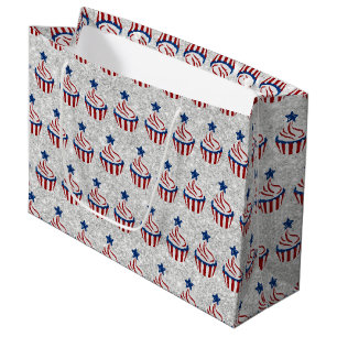 Red, White, Blue July 4 Cupcake Glitter Large Gift Bag