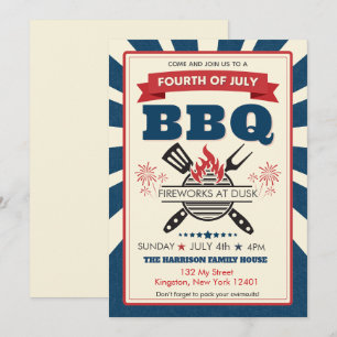 Red White Blue July 4th Party BBQ Celebration Invitation