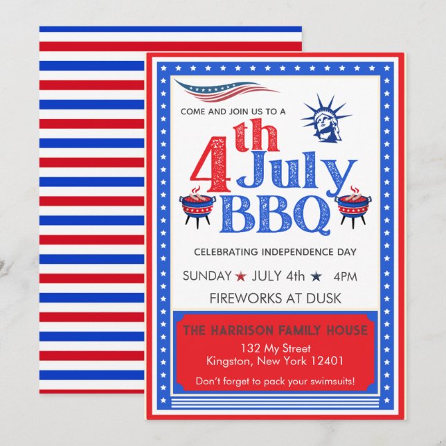 Red White Blue July 4th Party BBQ Celebration Invitation (Front/Back)