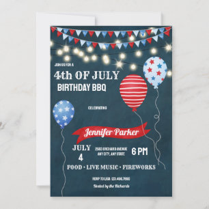 Red White Blue July Fourth   4th of July Birthday Invitation
