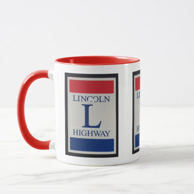 Red, White, Blue Lincoln HIghway Sign Mug (Left)