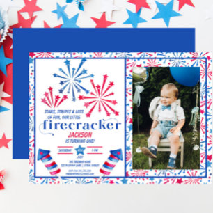 Red White & Blue Little Firecracker Photo Birthday Invitation