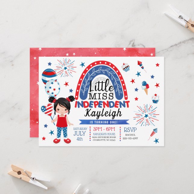 Red White Blue Little Miss Independant Birthday Invitation (Front/Back In Situ)