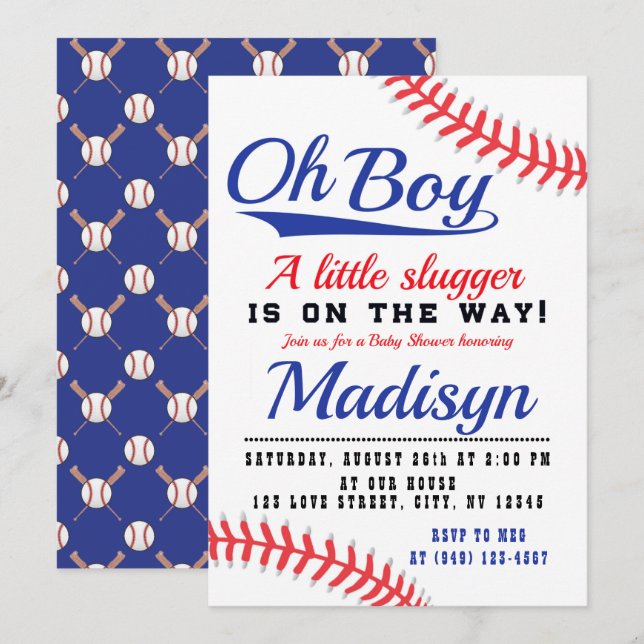 Red White Blue Little Slugger Baseball Baby Shower Invitation (Front/Back)
