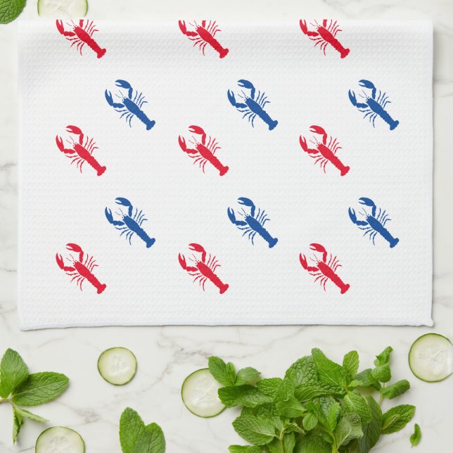 Red white blue lobster pattern patriotic tea towel (Folded)