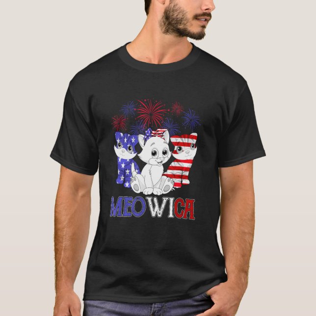 Red White Blue Meowica Cat Usa Flag Firework 4th O T-Shirt (Front)
