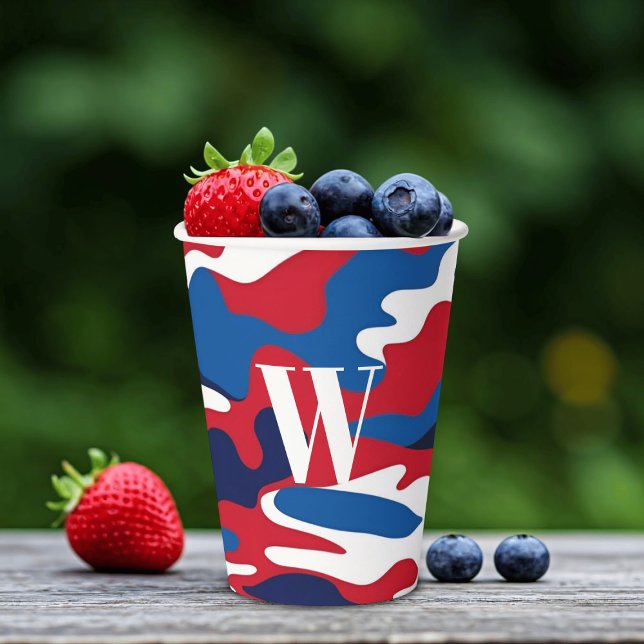 Red White Blue Monogram Patriotic Camo Paper Cups (Here's some camo paper cups just for you in the colors of red, white and blue. Add your initial!)