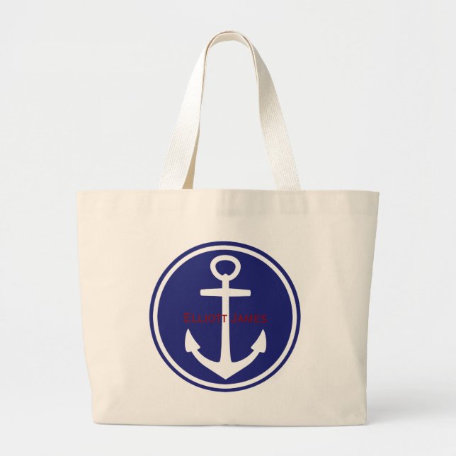 Red White Blue Nautical Anchor Personalised Large Tote Bag (Front)