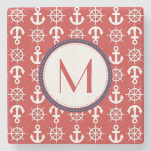 Red White Blue Nautical Anchors Wheels Monogram Stone Coaster
