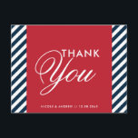 Red White Blue Nautical Stripes Thank You Postcard<br><div class="desc">Red White Blue Nautical Stripes Thank You Postcard 
  Modern red,  white and blue thank you postcard. It has a white and blue diagonal stripes pattern background and a red frame. This is perfect for nautical and ocean themed parties.</div>