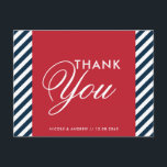 Red White Blue Nautical Stripes Thank You Postcard<br><div class="desc">Red White Blue Nautical Stripes Thank You Postcard 
  Modern red,  white and blue thank you postcard. It has a white and blue diagonal stripes pattern background and a red frame. This is perfect for nautical and ocean themed parties.</div>
