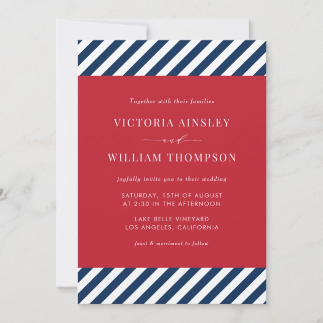 Red White Blue Nautical Stripes Wedding Invitation (Front)
