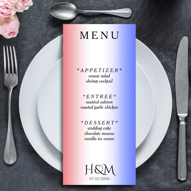 Red White & Blue Ombre Dinner Wedding Reception Menu (red white and blue ombre wedding menu)