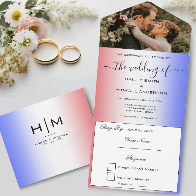 Red White & Blue Ombre Modern Photo Wedding All In One Invitation (Red White & Blue Ombre Modern Photo Wedding All In One Invitation)