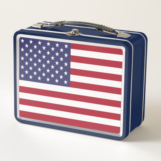 Red White & Blue Patriotic American Flag Metal Lunch Box (Front)