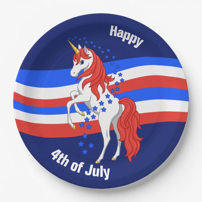 Red White Blue Patriotic American Unicorn Paper Plate (Front)