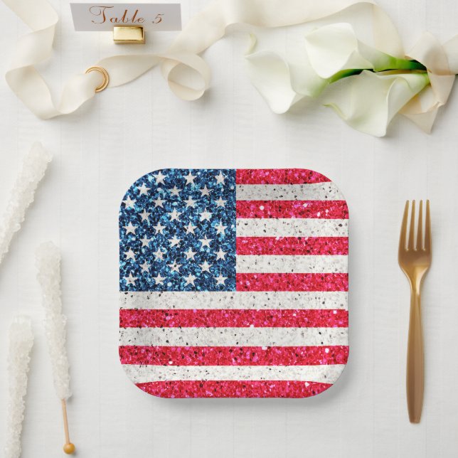   Red White Blue Patriotic American USA Flag Party Paper Plate (Wedding)