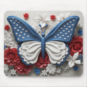 RED WHITE BLUE PATRIOTIC BUTTERFLY & FLOWERS MOUSE MAT
