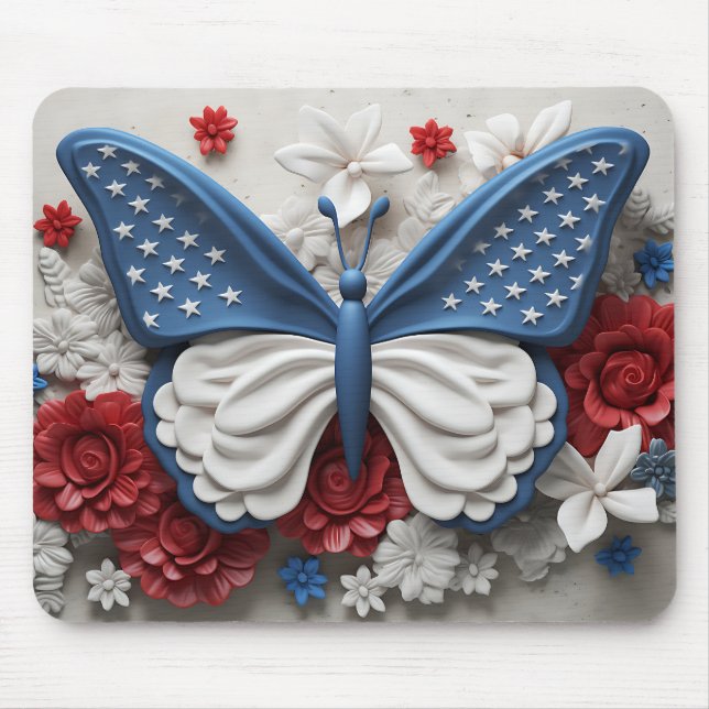 RED WHITE BLUE PATRIOTIC BUTTERFLY & FLOWERS MOUSE MAT (Front)