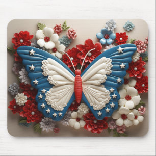 RED WHITE BLUE PATRIOTIC BUTTERFLY & FLOWERS MOUSE MAT