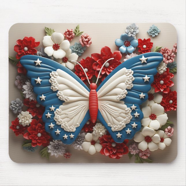 RED WHITE BLUE PATRIOTIC BUTTERFLY & FLOWERS MOUSE MAT (Front)