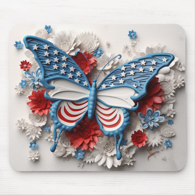 RED WHITE BLUE PATRIOTIC BUTTERFLY & FLOWERS MOUSE MAT (Front)