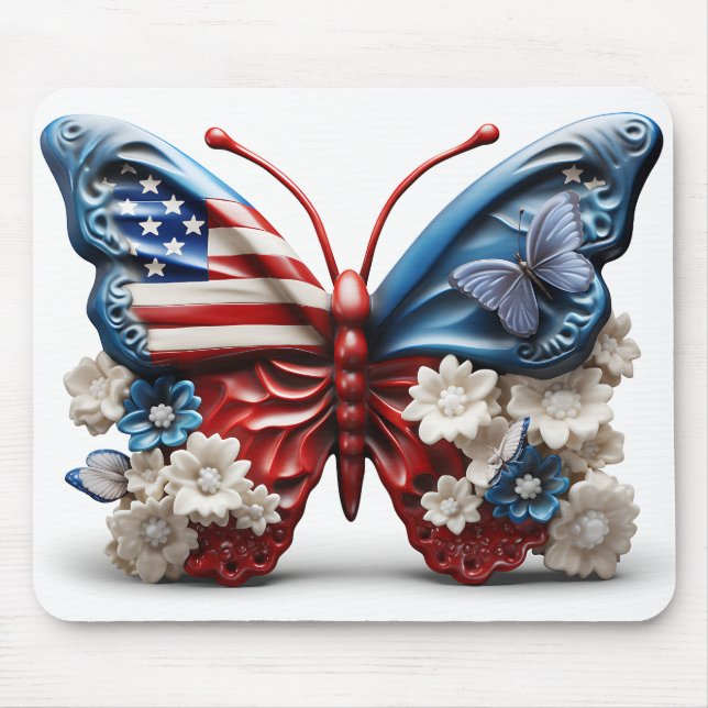 RED WHITE BLUE PATRIOTIC BUTTERFLY & FLOWERS MOUSE MAT (Front)