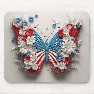 RED WHITE BLUE PATRIOTIC BUTTERFLY & FLOWERS MOUSE MAT